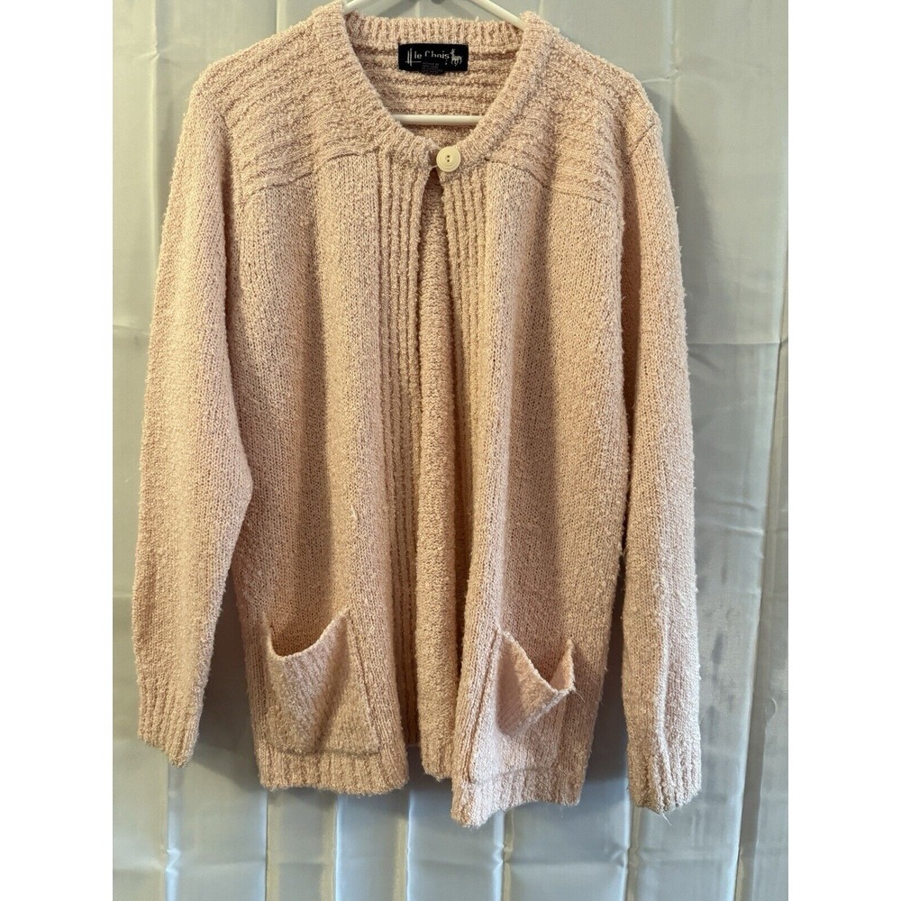 Vintage Pink Sweater Cardigan Le Chois Single Button Pockets Textured L Grandma‎